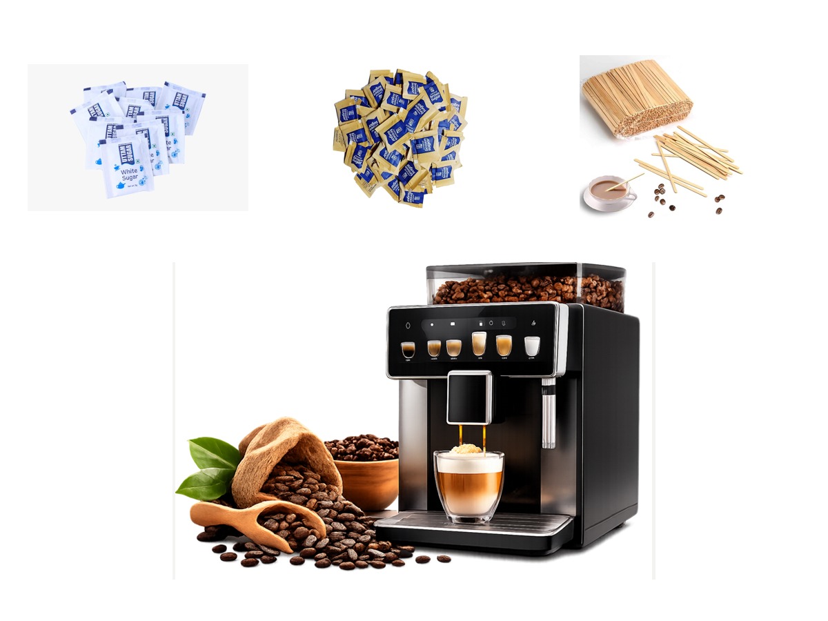 Office supplies including sugar sachets, stirrers and coffee machine support